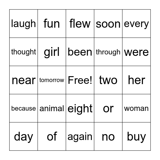First Grade Words Bingo Card