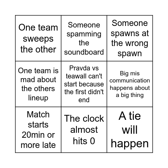 Tournament match Bingo Card