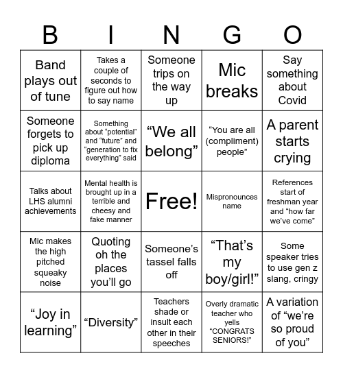 Graduation Bingo Card