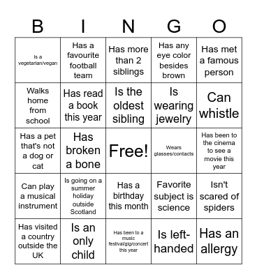 Classmate Bingo Card