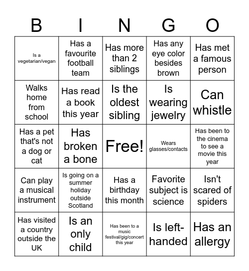 Classmate Bingo Card