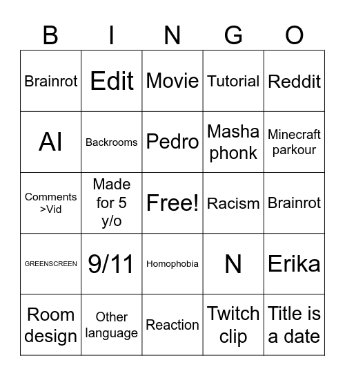 Yt shorts Bingo Card