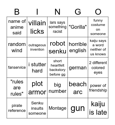 Anime bingo Card