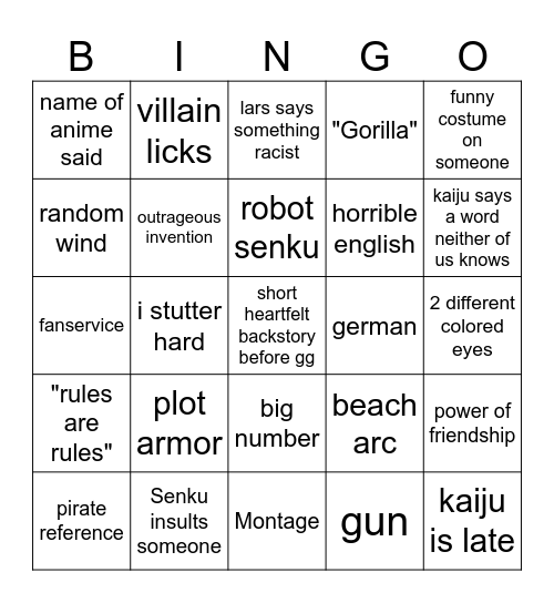 Anime bingo Card