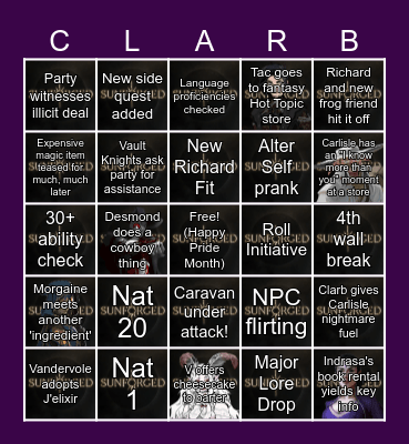 Sunforged Episode 30 Bingo Card