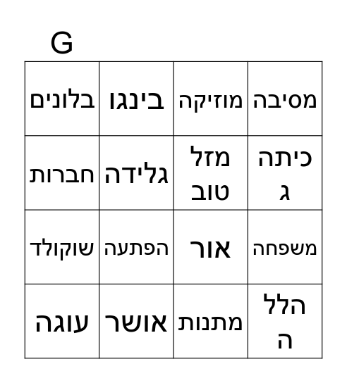 בינגו-יום הולדת כיתה ג Bingo Card