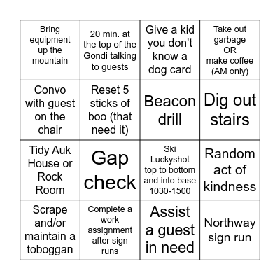 Ski Patrol Bingo - Mtn Top Bingo Card