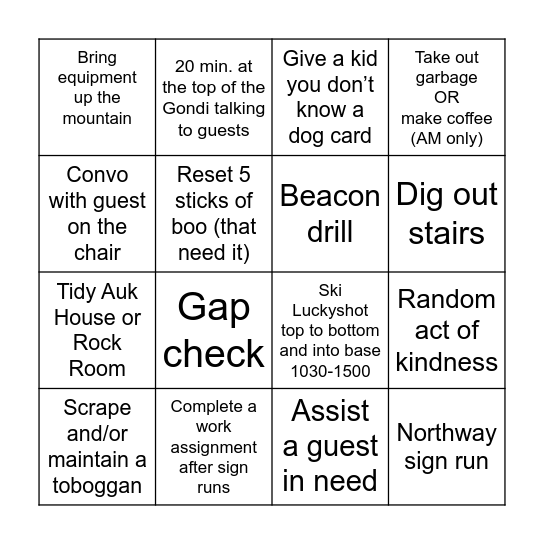 Ski Patrol Bingo - Mtn Top Bingo Card
