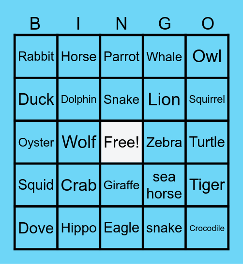 Animals Bingo Card