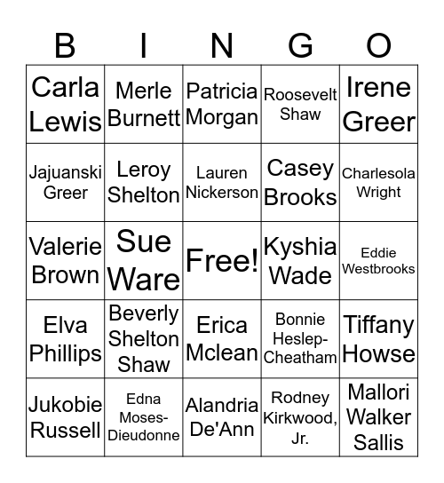 Brown-Johnson Family Bingo Card