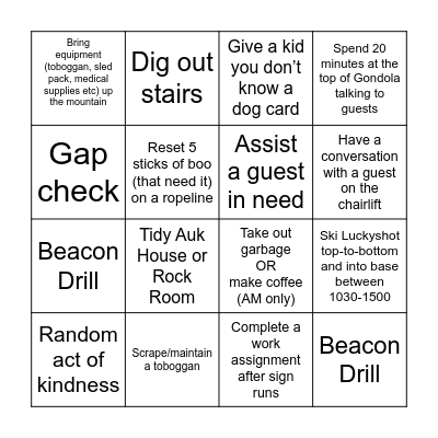 Ski Patrol Bingo - Mtn Top Bingo Card