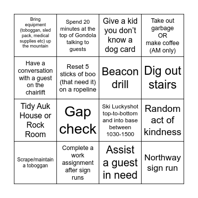 Ski Patrol Bingo - Campbell Basin Bingo Card