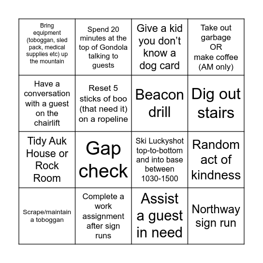 Ski Patrol Bingo - Campbell Basin Bingo Card