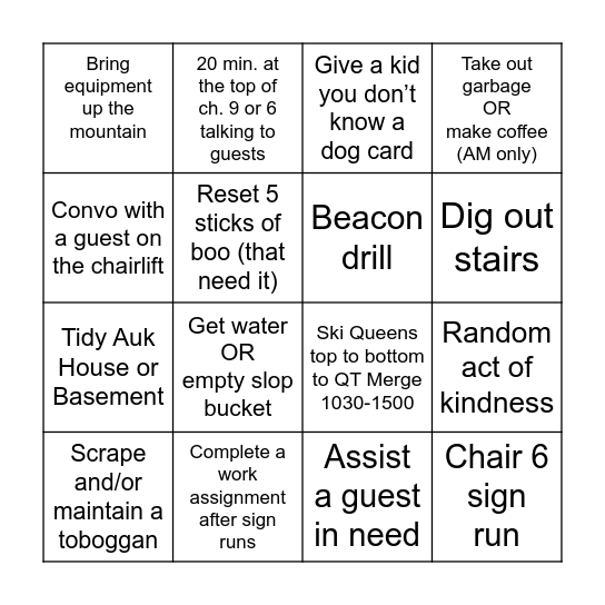 Ski Patrol Bingo - Campbell Basin Bingo Card