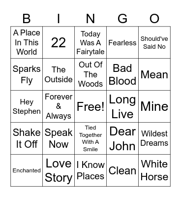 Taylor Swift Bingo Card