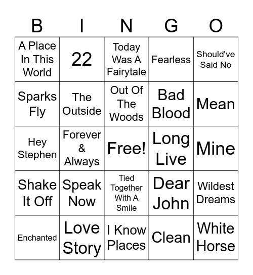 Taylor Swift Bingo Card