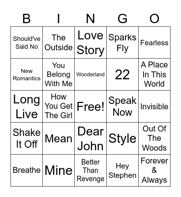 Taylor Swift Bingo Card