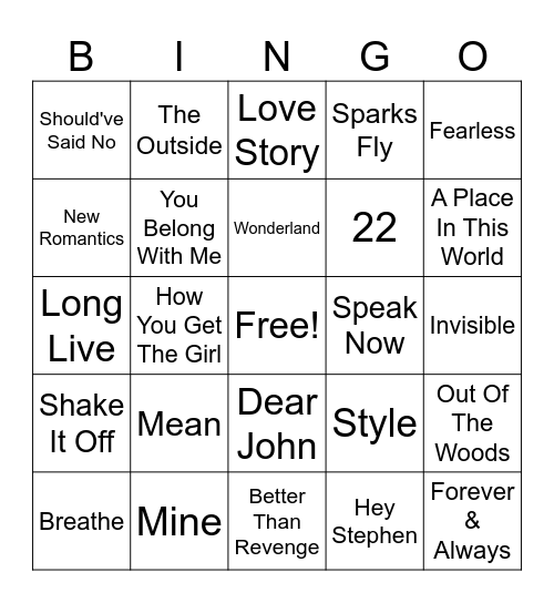 Taylor Swift Bingo Card