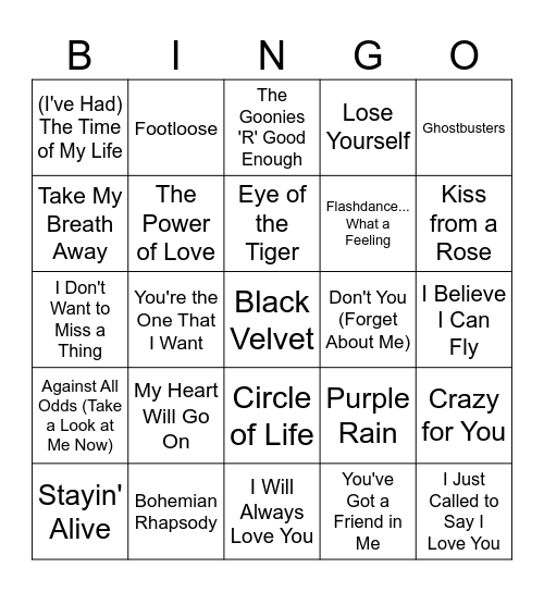 Classic Movie Soundtrack Songs Bingo Card