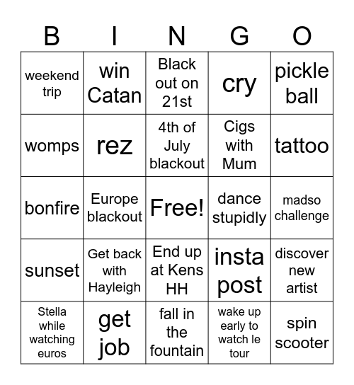 SummerVert Bingo Card