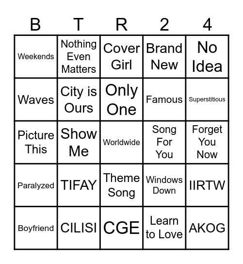 BTR Setlist Bingo Card