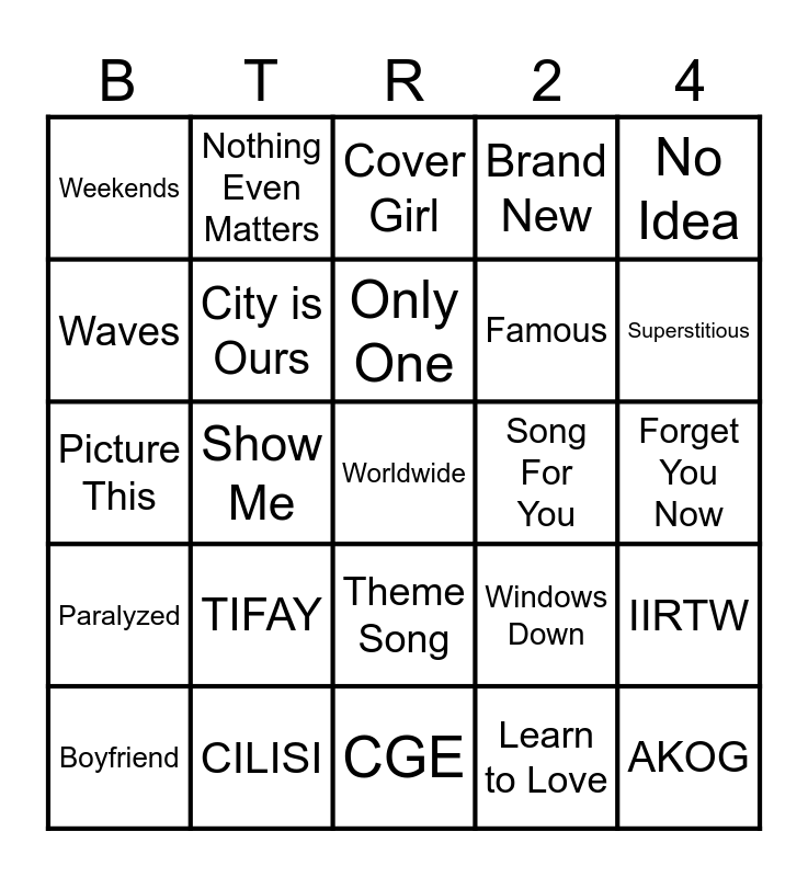 BTR Setlist Bingo Card