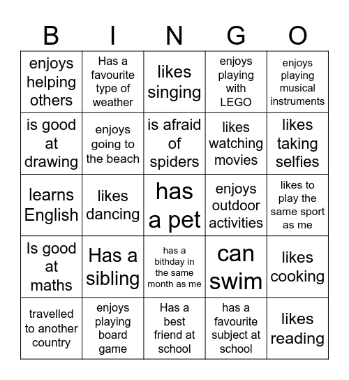 Let's find out each other better Bingo Card