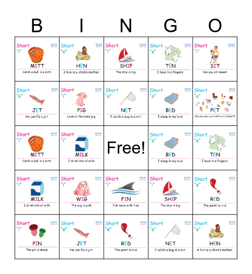 Short E and I Bingo Card