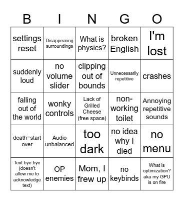 Bad Horror Game Bingo Card