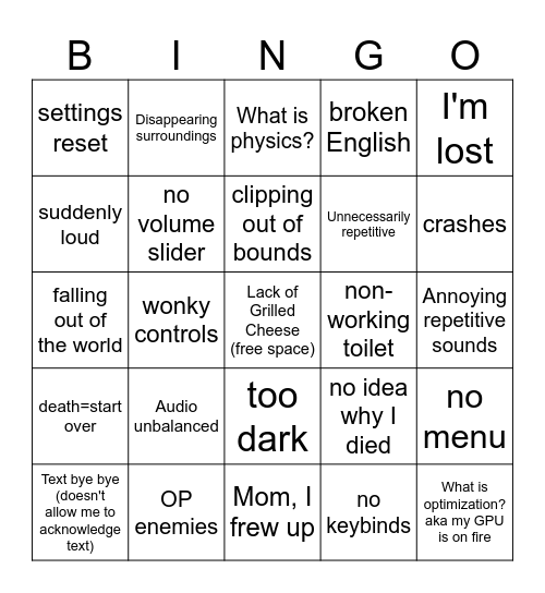 Bad Horror Game Bingo Card
