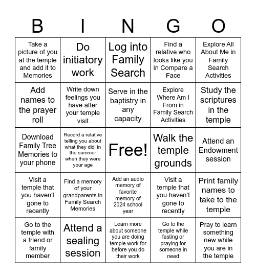 Family History and Temple Activities Bingo Card