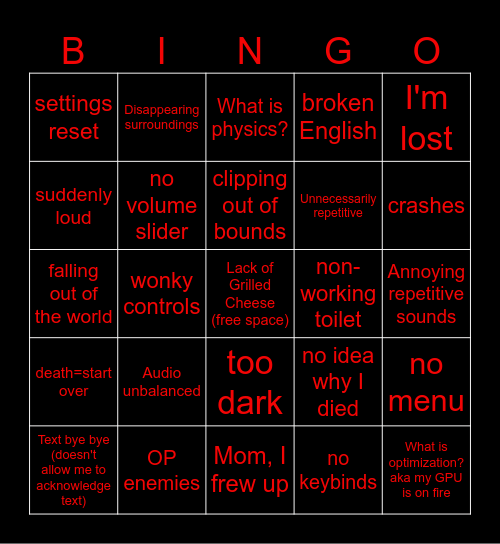 Bad Horror Game Bingo Card