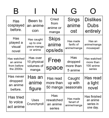 Ani/Manga Bingo Card