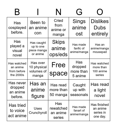 Ani/Manga Bingo Card