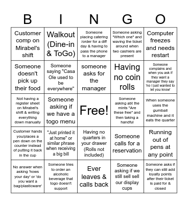 Cashier Bingo Card