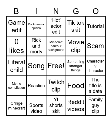 YouTube shorts Bingo Card