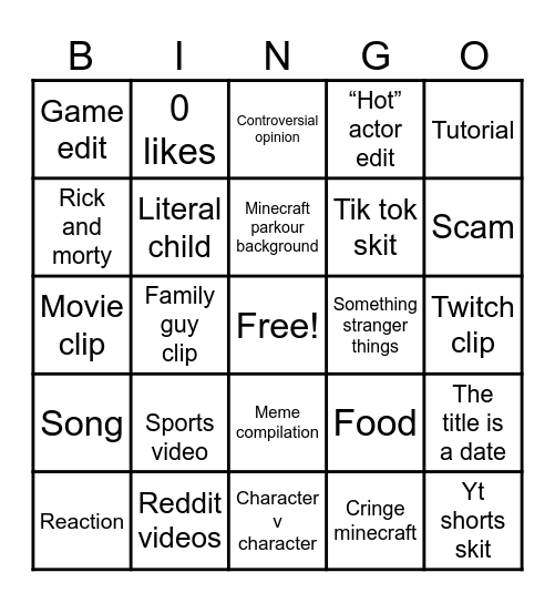 YouTube shorts Bingo Card