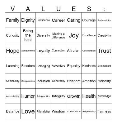 Personal Values Bingo Card