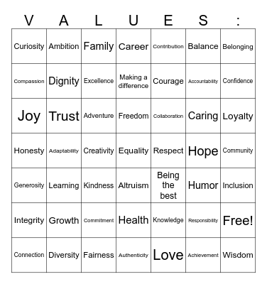Personal Values Bingo Card