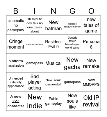 Summer games fest Bingo Card