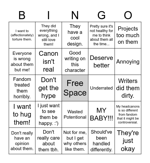 Character Opinion Bingo Card