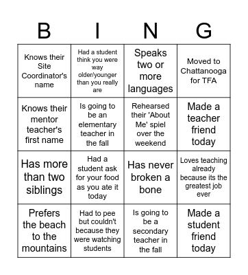 First Day of Practicum Bingo Card