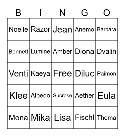 Mondstadt Bingo Card