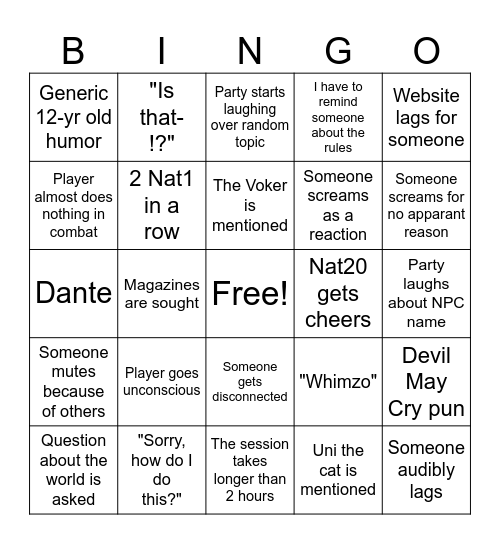 Silly Zone DnD Bingo Card