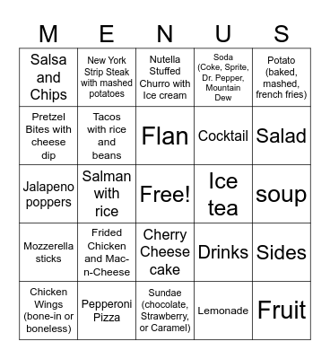 Menu items Bingo Card