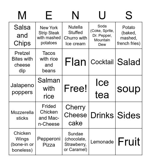 Menu items Bingo Card