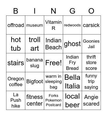 PNW Roadtrip '24 Bingo Card