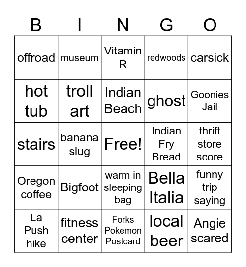 PNW Roadtrip '24 Bingo Card