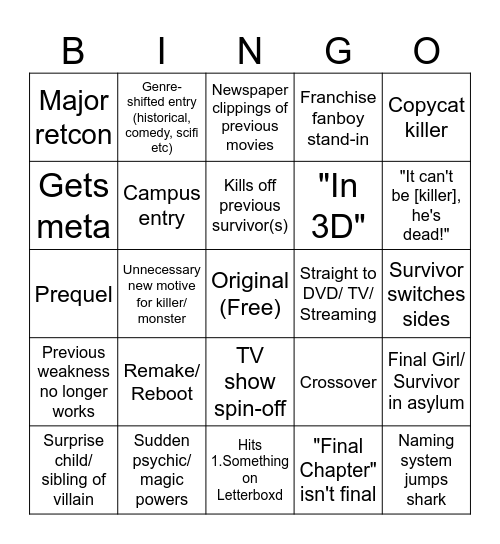 Horror Franchise Bingo Card