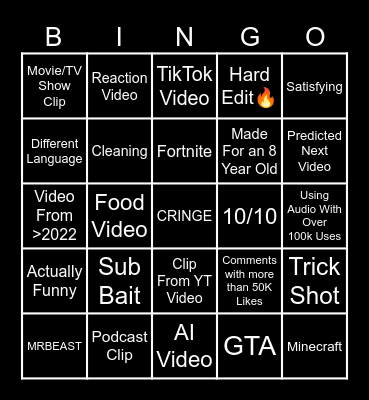 YouTube Shorts Bingo Card